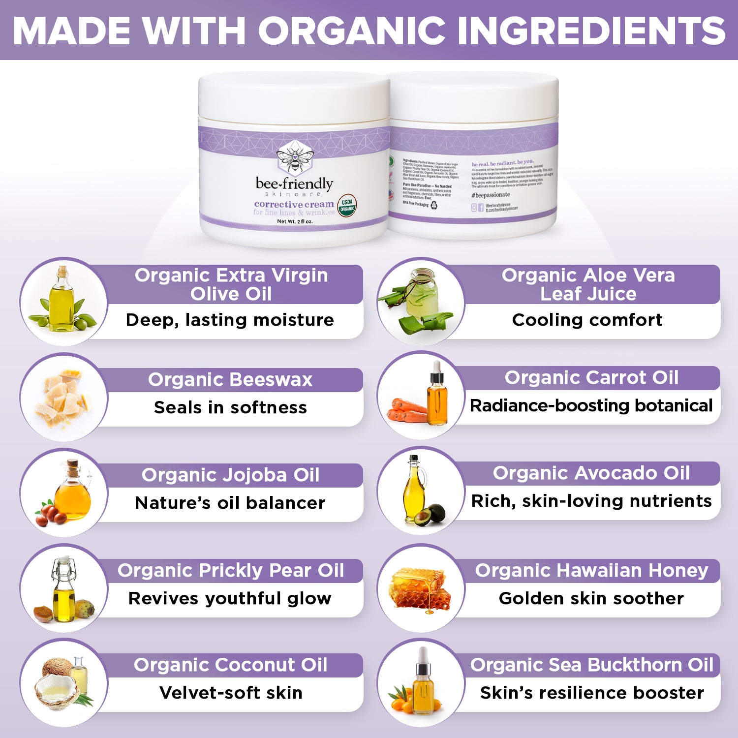 Organic Corrective Cream by BeeFriendly, USDA Certified Rich Anti Aging Facial Night Cream For Sensitive Skin Aids With Fine Lines, Wrinkles, Crows Feet, Eyes, Face, Neck 2 oz