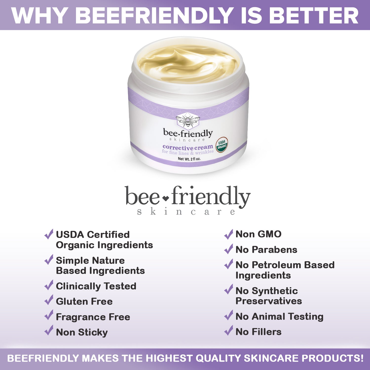 Organic Corrective Cream by BeeFriendly, USDA Certified Rich Anti Aging Facial Night Cream For Sensitive Skin Aids With Fine Lines, Wrinkles, Crows Feet, Eyes, Face, Neck 2 oz