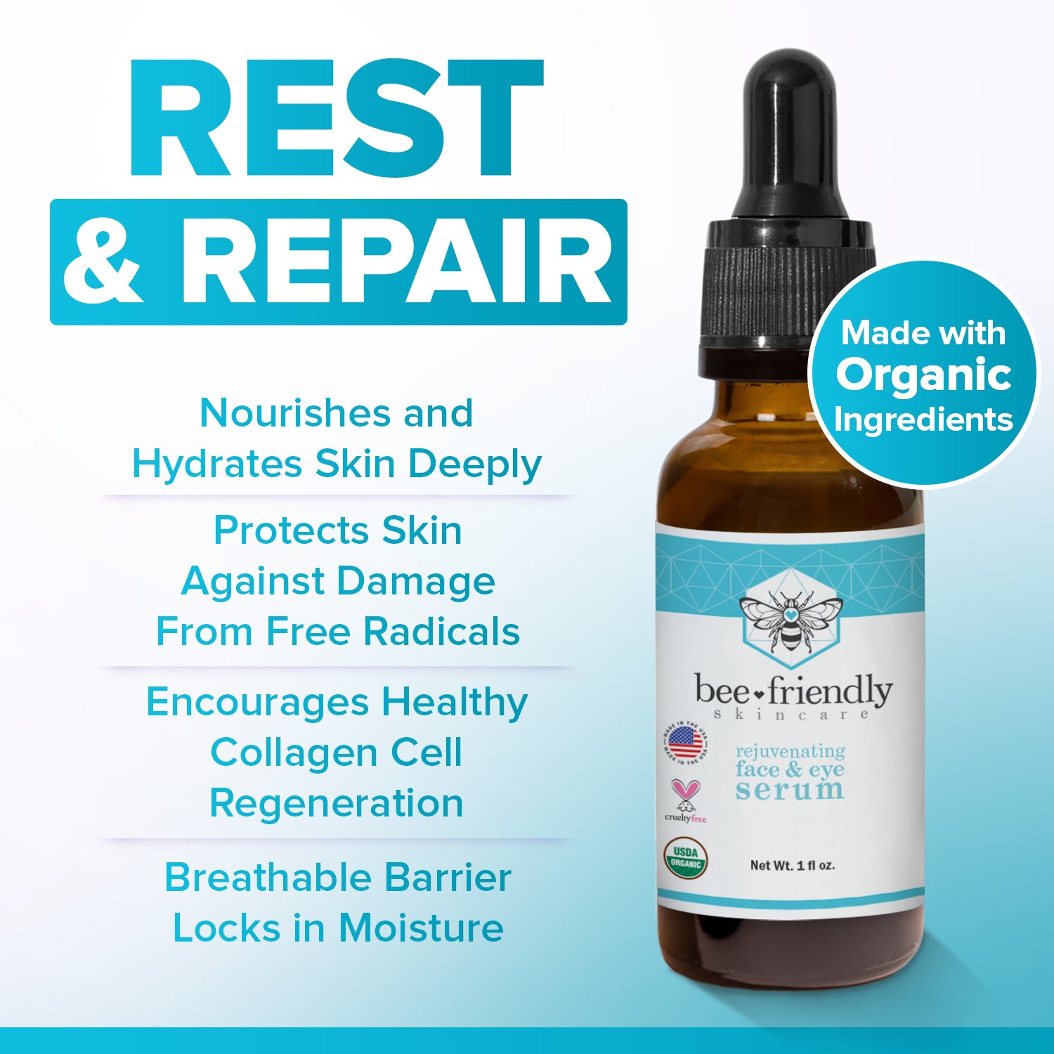 Organic Face & Eye Serum, Anti Aging, Deep Penetrating Hydration, Rejuvenates, Nourishes, Tightens & Lifts Facial Skin 1 oz