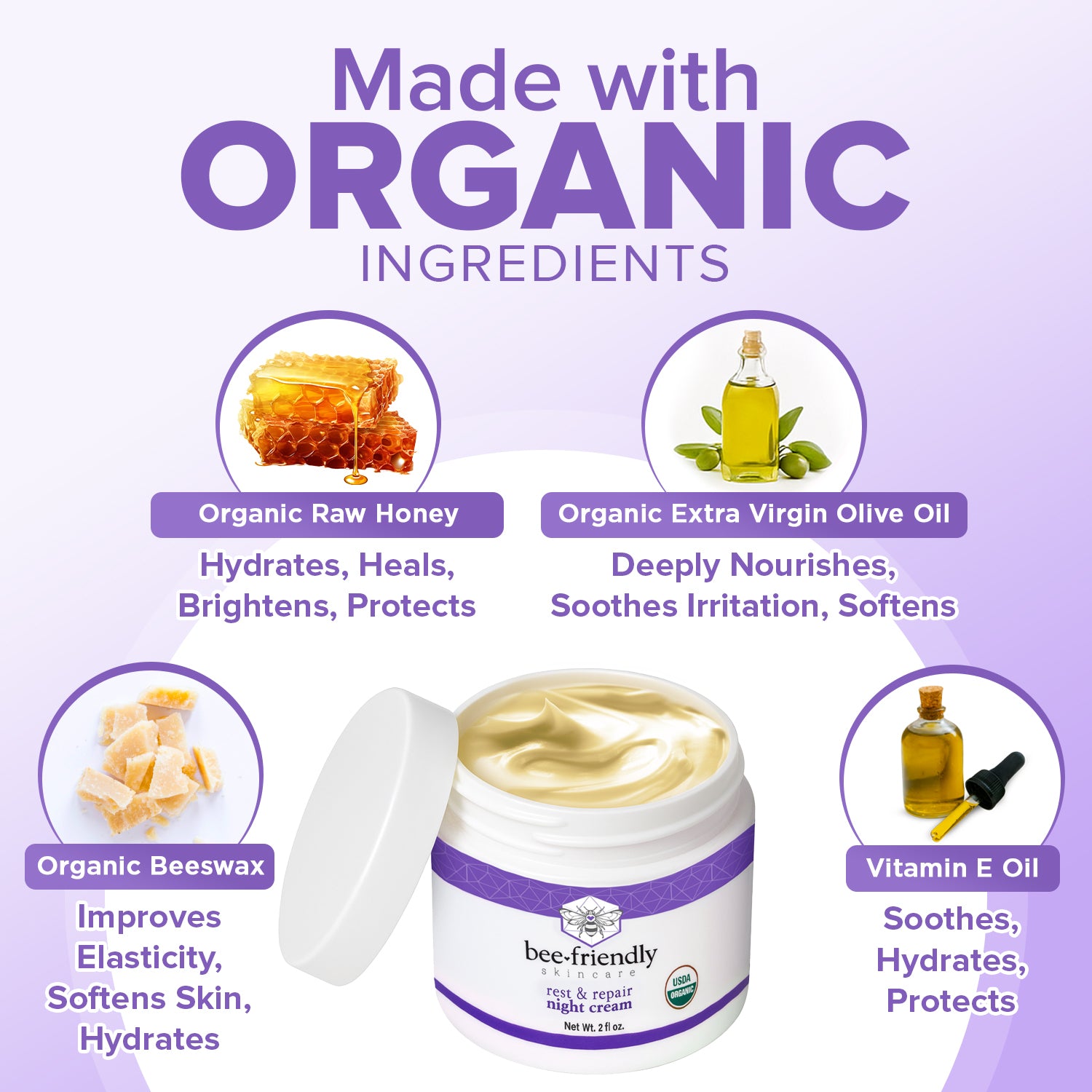 Certified Organic Night Cream By BeeFriendly, Deep Hydrating & Moisturizing Night Time Eye, Face, Neck & Decollete Cream 2 oz