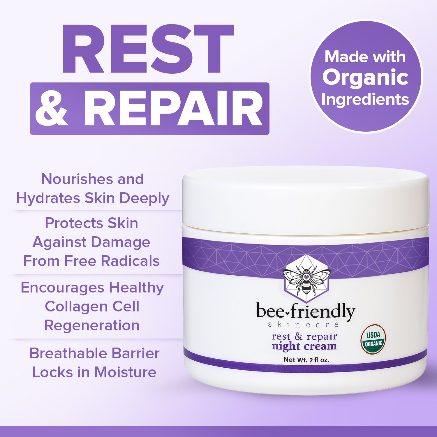 Certified Organic Night Cream By BeeFriendly, Deep Hydrating & Moisturizing Night Time Eye, Face, Neck & Decollete Cream 2 oz