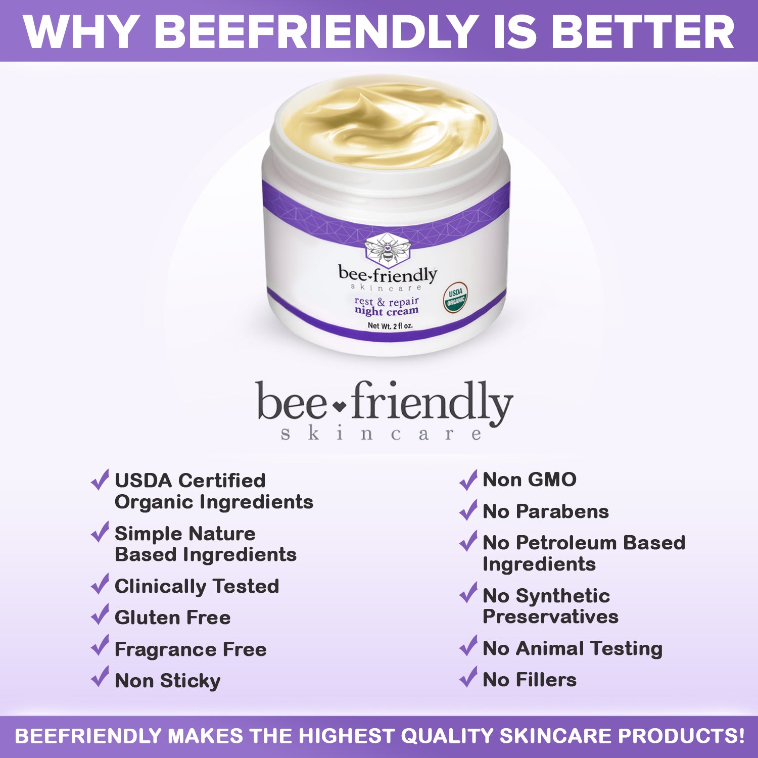 Certified Organic Night Cream By BeeFriendly, Deep Hydrating & Moisturizing Night Time Eye, Face, Neck & Decollete Cream 2 oz