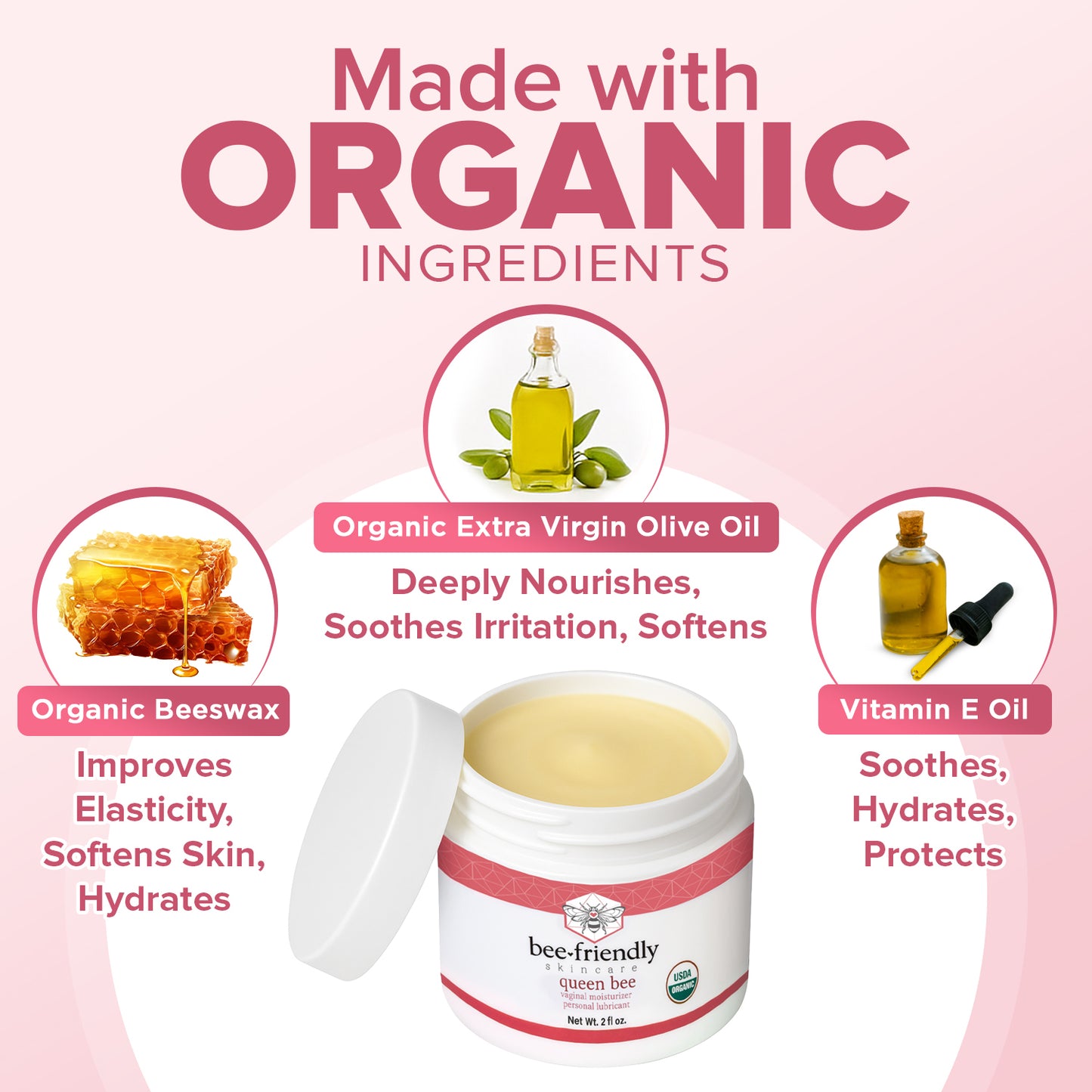 Organic Vaginal Moisturizer By BeeFriendly, USDA Certified, Natural Vulva Cream 2 oz