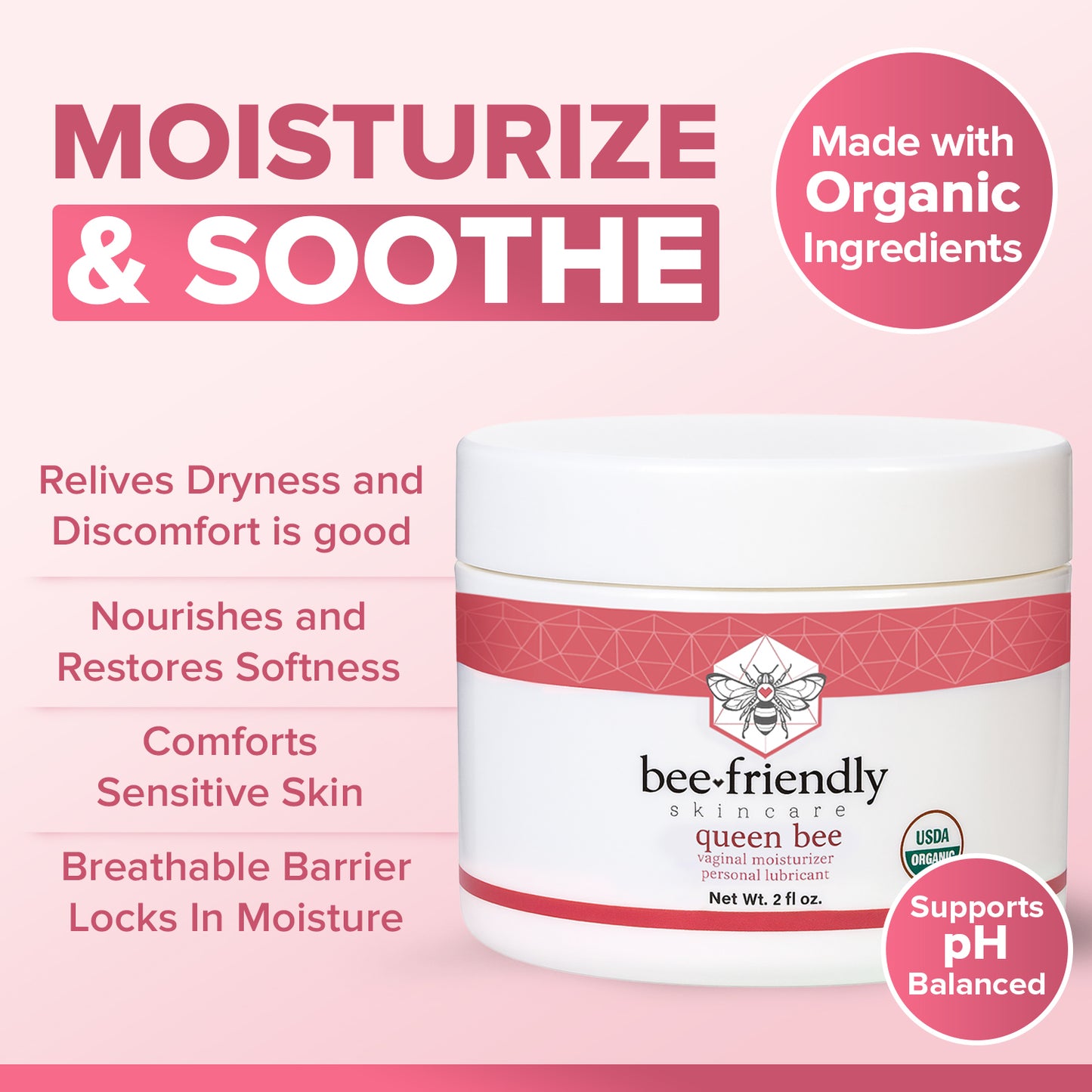 Organic Vaginal Moisturizer By BeeFriendly, USDA Certified, Natural Vulva Cream 2 oz