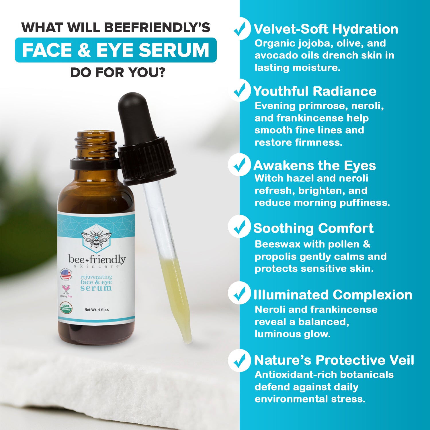 Organic Face & Eye Serum, Anti Aging, Deep Penetrating Hydration, Rejuvenates, Nourishes, Tightens & Lifts Facial Skin 1 oz