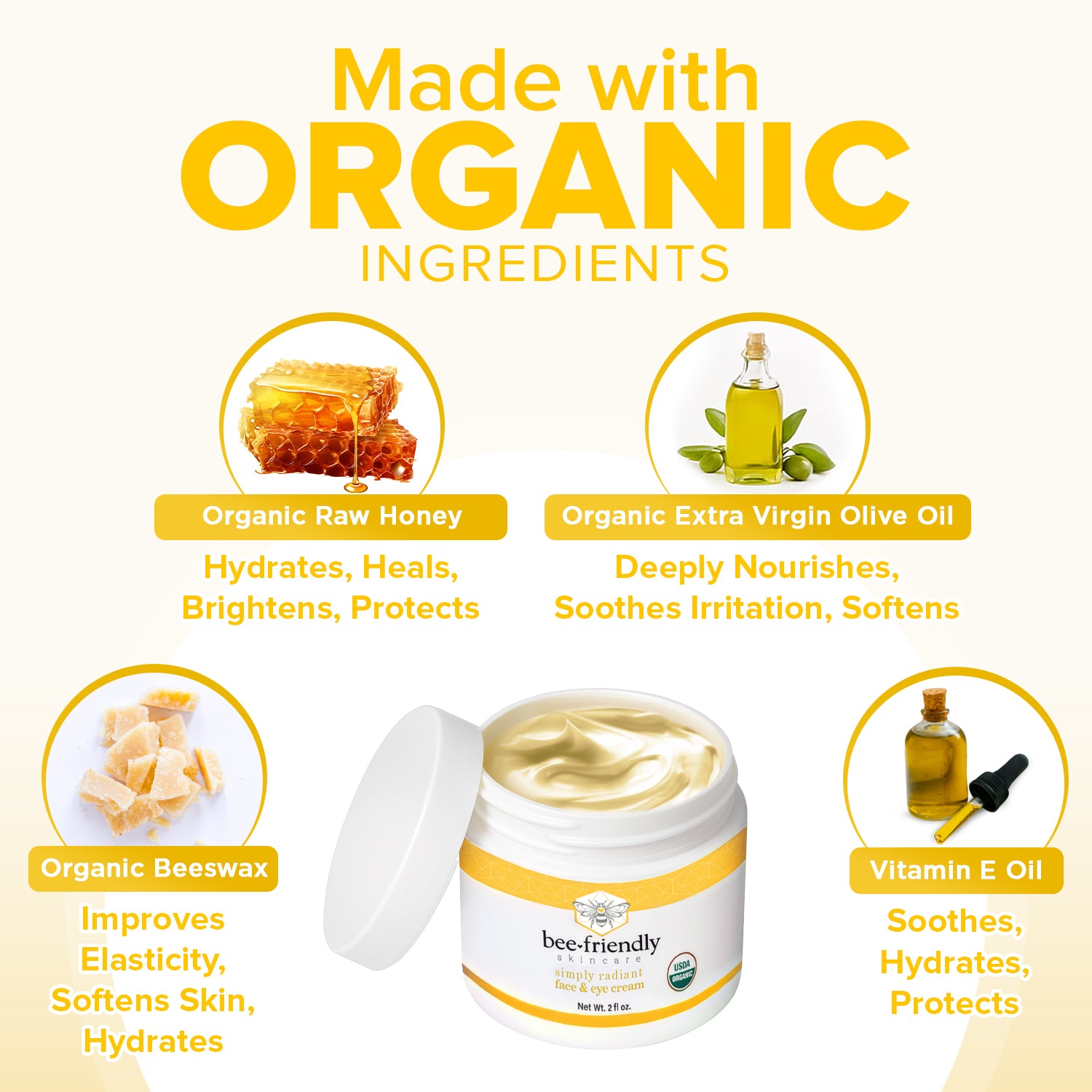 Face and Eye Cream by BeeFriendly Natural USDA Certified Organic Moisturizer, All In One Face, Eye, Neck, Decollete Cream, 2 oz