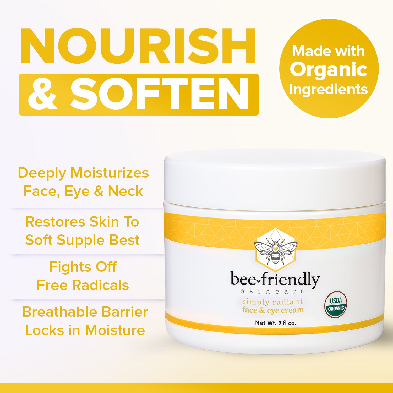 Face and Eye Cream by BeeFriendly Natural USDA Certified Organic Moisturizer, All In One Face, Eye, Neck, Decollete Cream, 2 oz