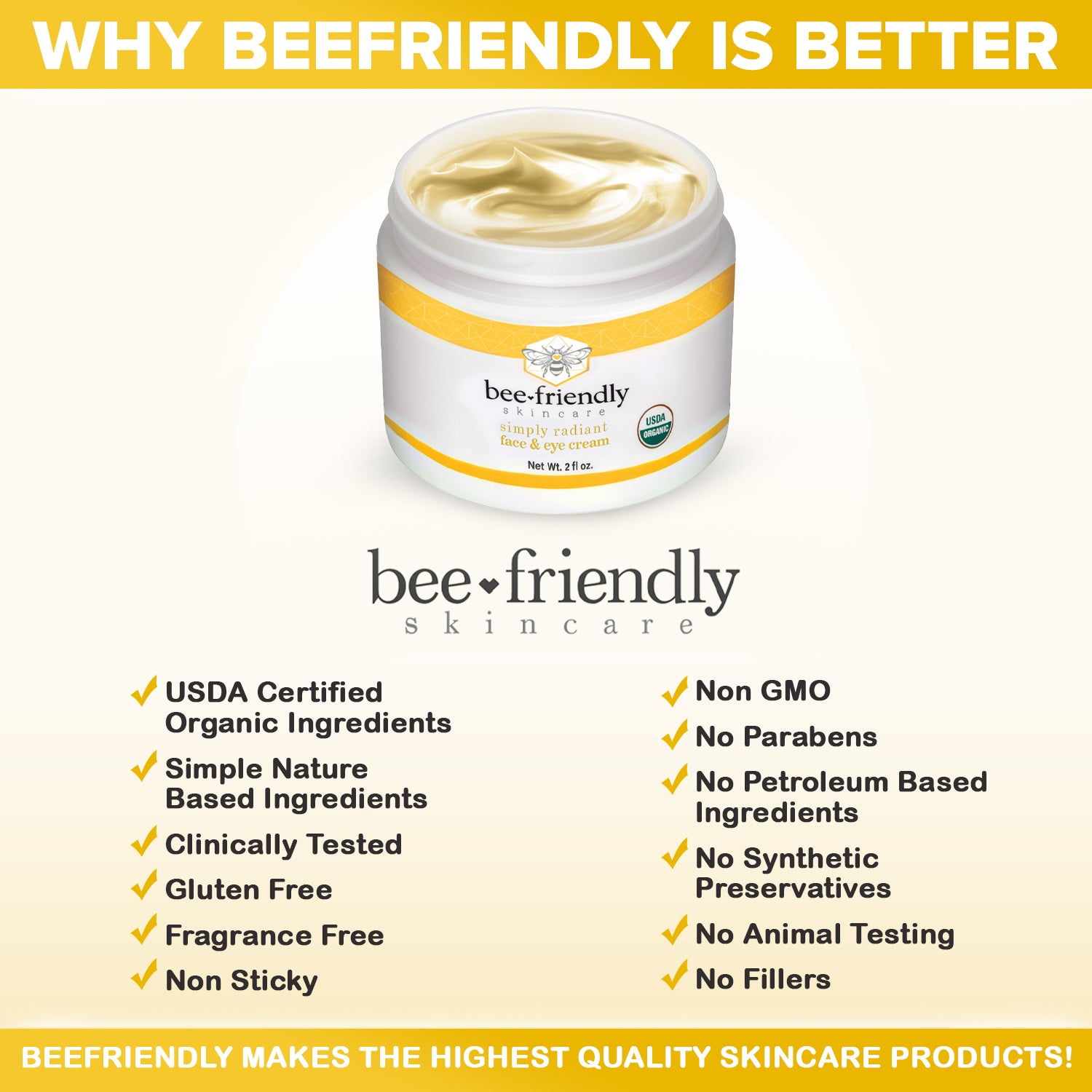 Face and Eye Cream by BeeFriendly Natural USDA Certified Organic Moisturizer, All In One Face, Eye, Neck, Decollete Cream, 2 oz