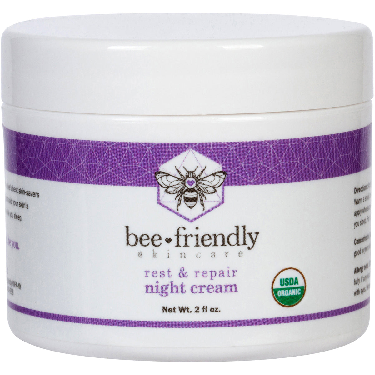 Certified Organic Night Cream By BeeFriendly, Deep Hydrating & Moisturizing Night Time Eye, Face, Neck & Decollete Cream 2 oz